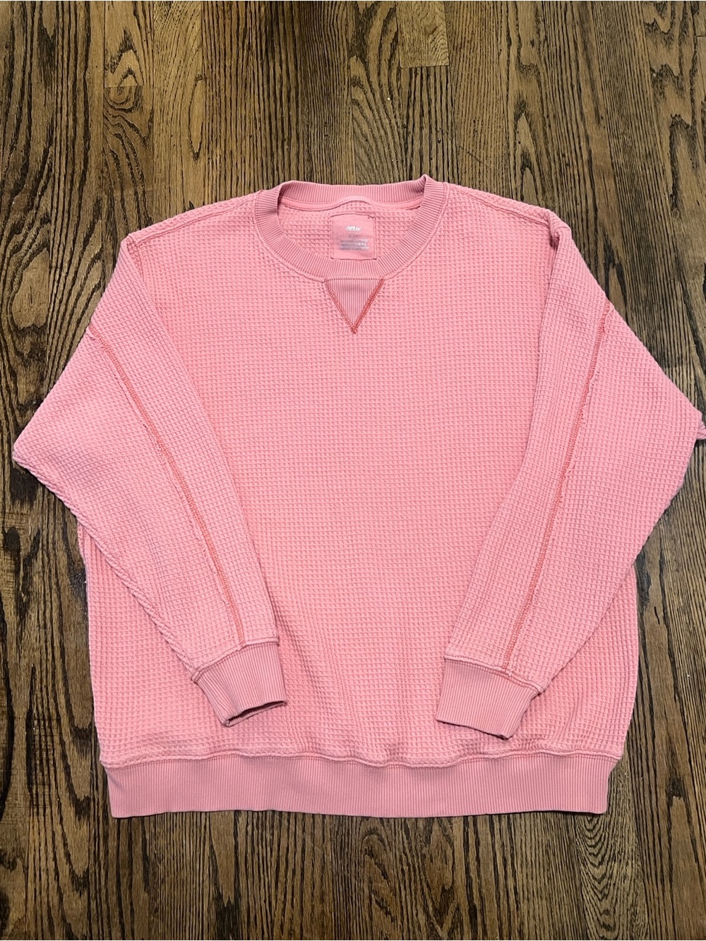 aerie Pink Waffle-Knit Long Sleeve Crewneck